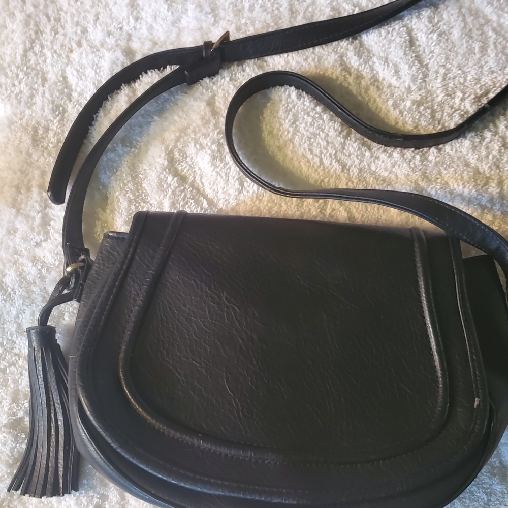 Black Leather Crossbody Bag with Tassel Accent